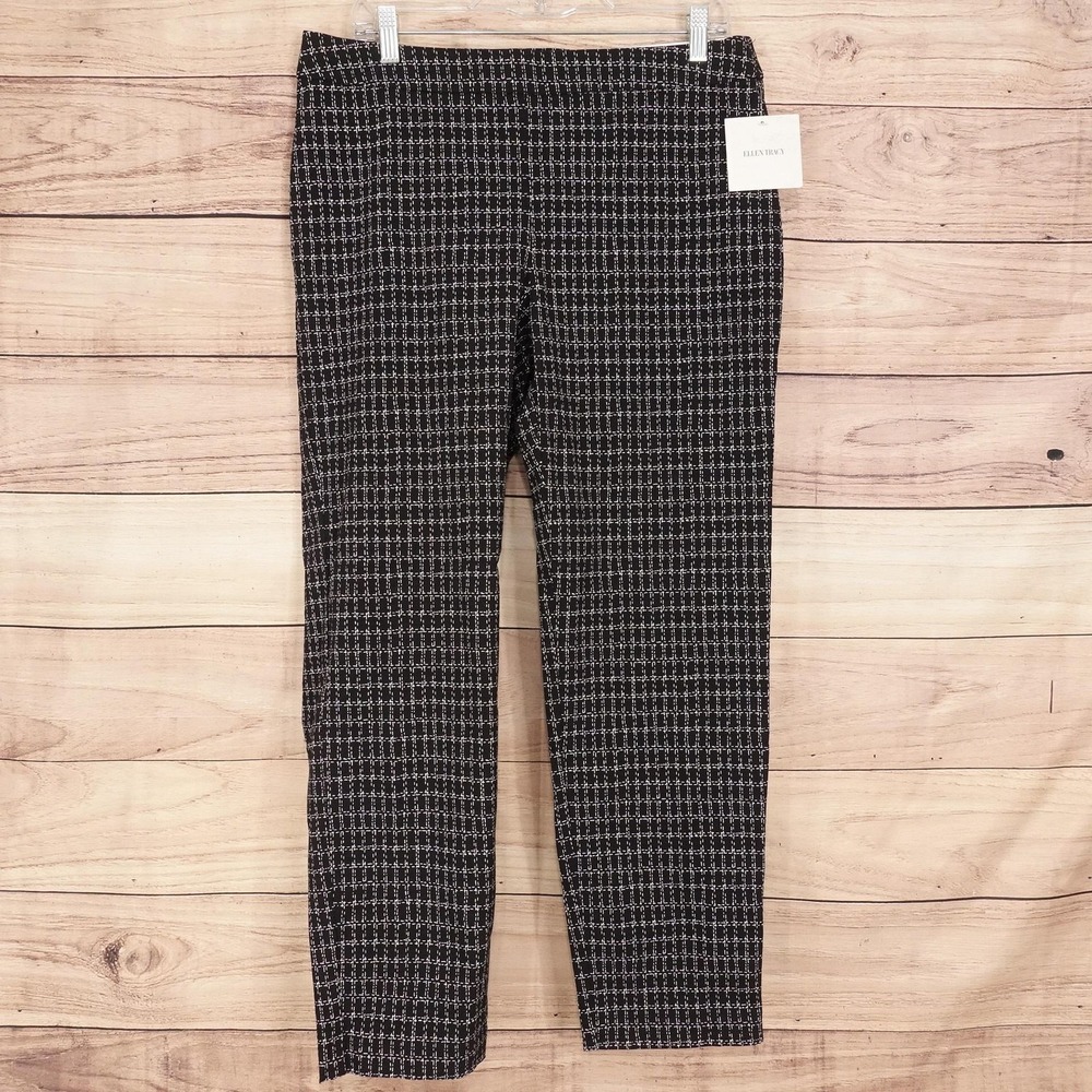 Ellen Tracy Pants Womens L Black Plaid Slim Fit Ankle Ponte Stretch 34x27.5